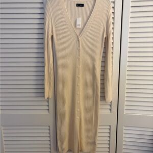 GAP Cream Long Sleeve Ribbed Dress